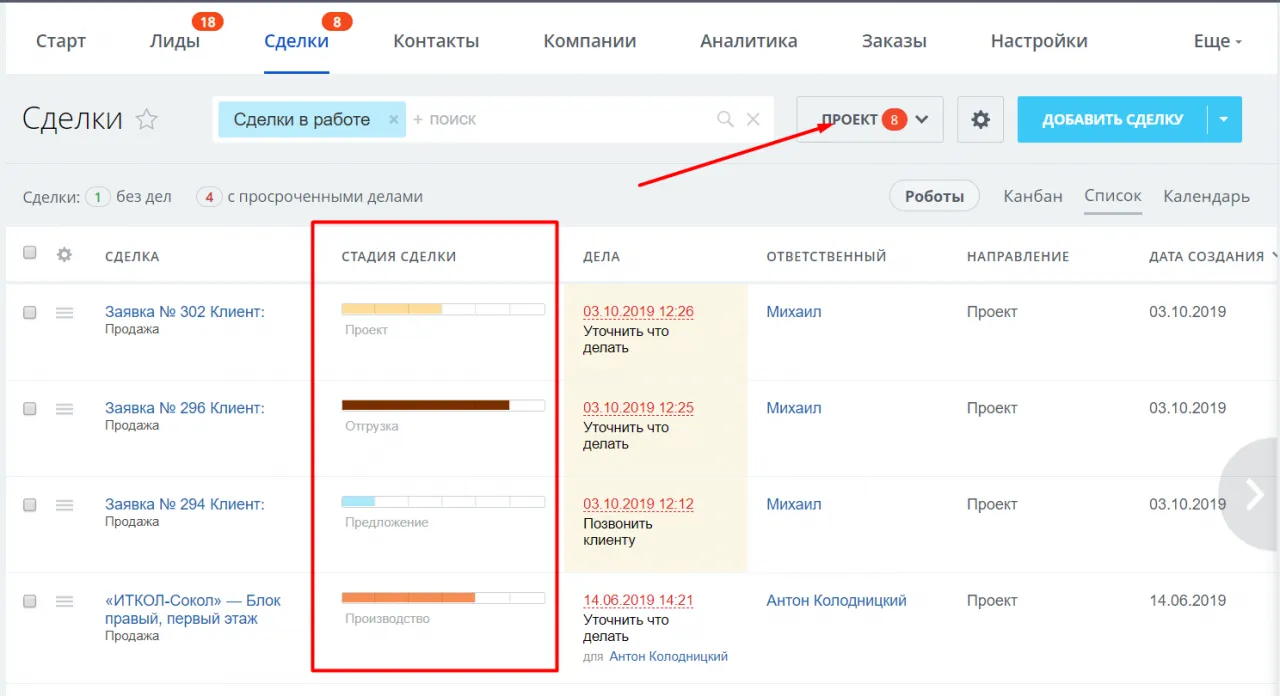 Стадии сделки в направлении Проект